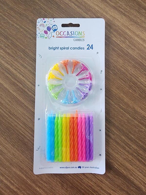 Bright Sprial Candles with holders 24pk.